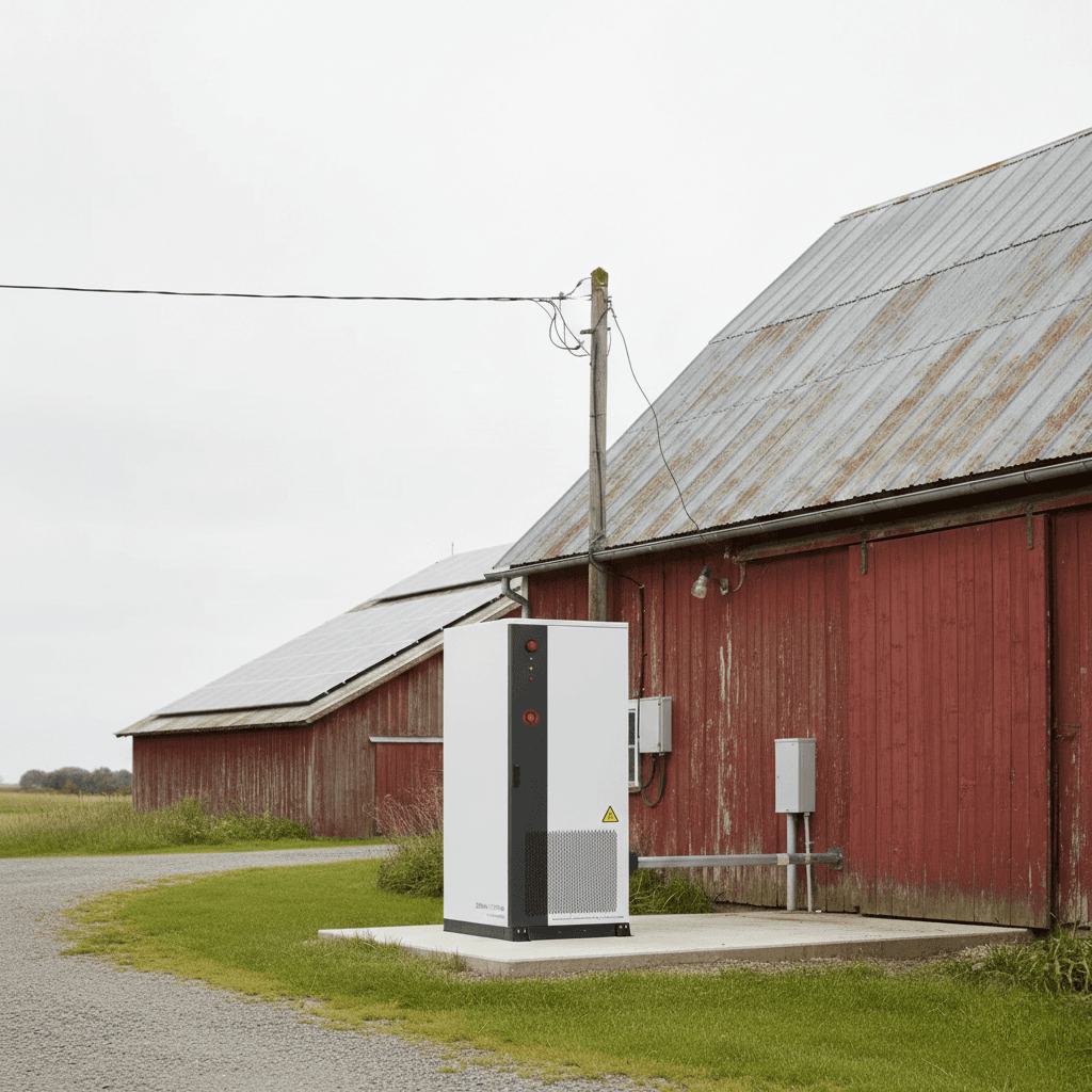 BESS batterisystem ved gårdsbruk med solcellepaneler på låvetak